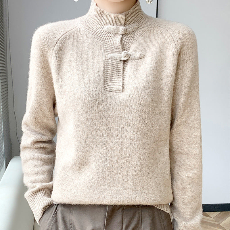 Women Cashmere-Look Mockneck Sweater with decorative Chichicherry button placket Chichicherry