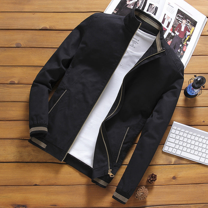 Men's Lightweight Cotton Bomber with Stand-Up Collar, Zipper, and Striped Ribbed Cuffs Chichicherry
