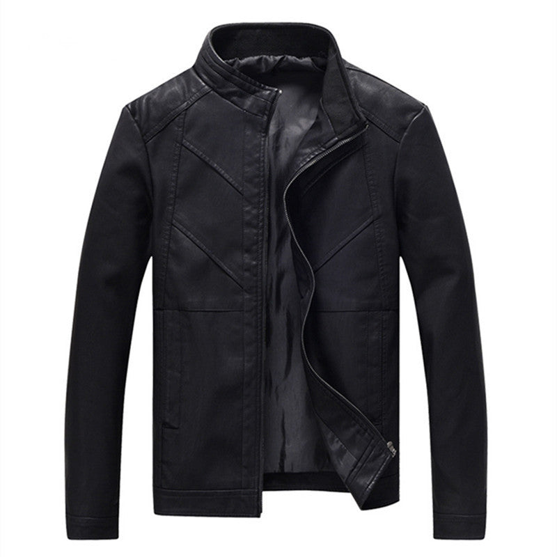 Men's slim faux leather moto jacket with stand collar, ergonomic seam construction, and lightweight thermal lining Chichicherry