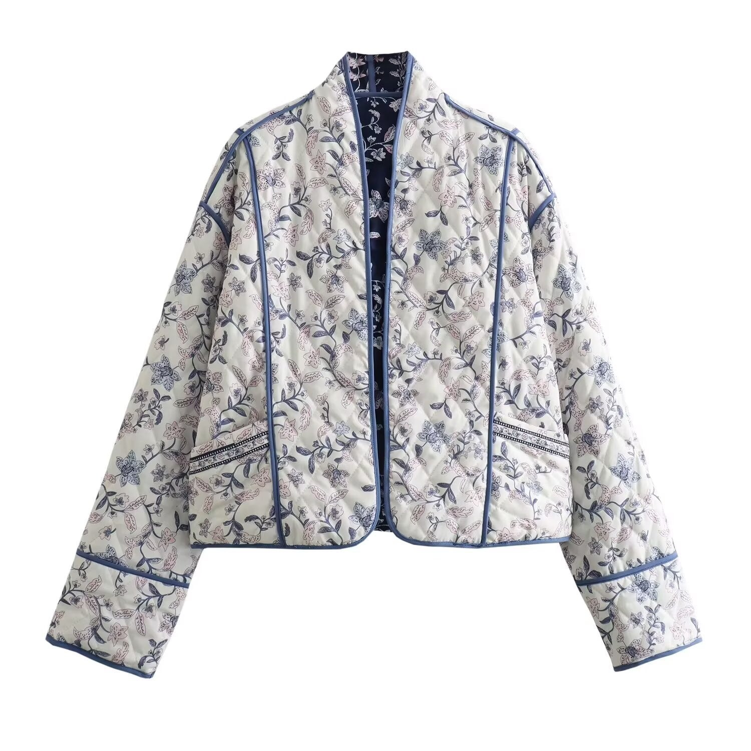 Ladies quilted kimono jacket with floral all-over pattern and contrasting piping Chichicherry