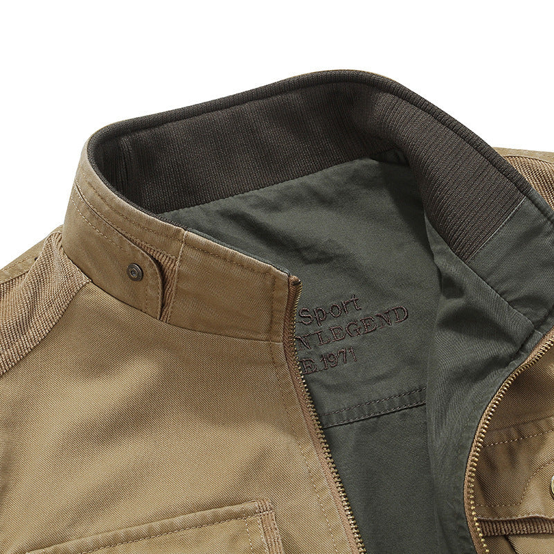 Men's Canvas Utility Vest with Multiple Pockets Stand Collar and Zipper Chichicherry