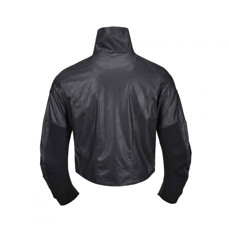 Men's short jacket in leather look with high stand-up collar, two diagonal chest zippers and vintage metal details Chichicherry