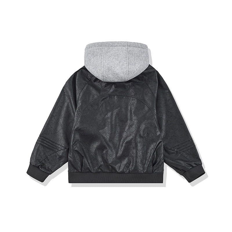 Unisex Wide Cut Faux Leather Bomber Jacket with Contrast Hood and Ribbed Cuffs Chichicherry