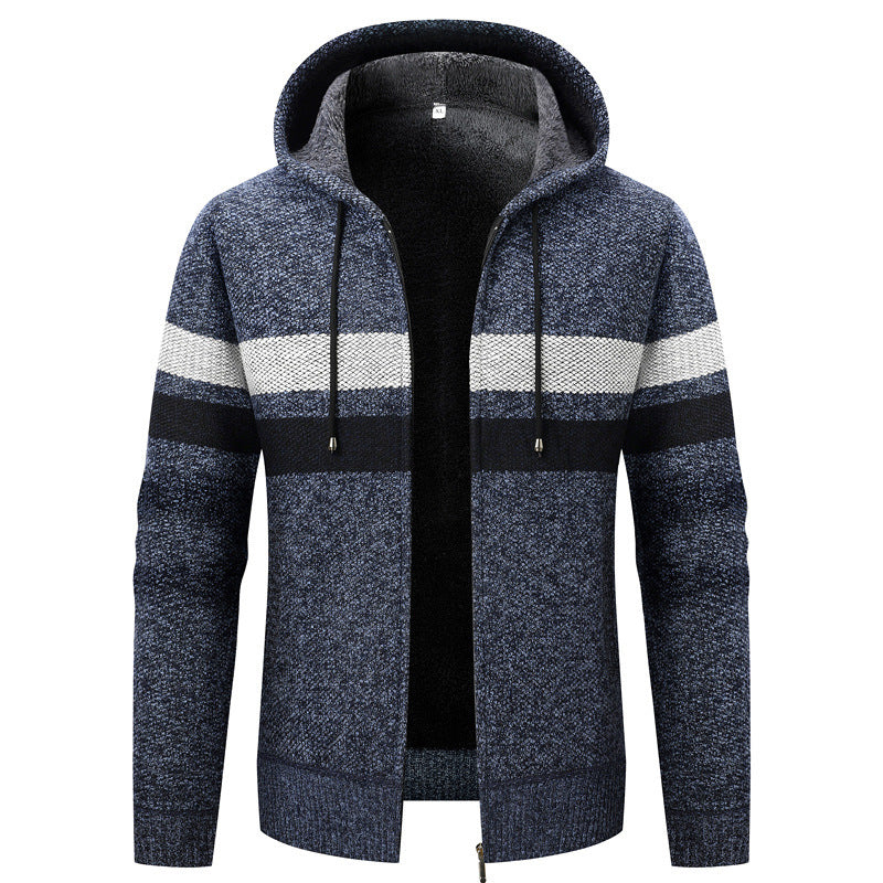 Men's knit zip hoodie with teddy lining, full-length zipper and block stripes Chichicherry