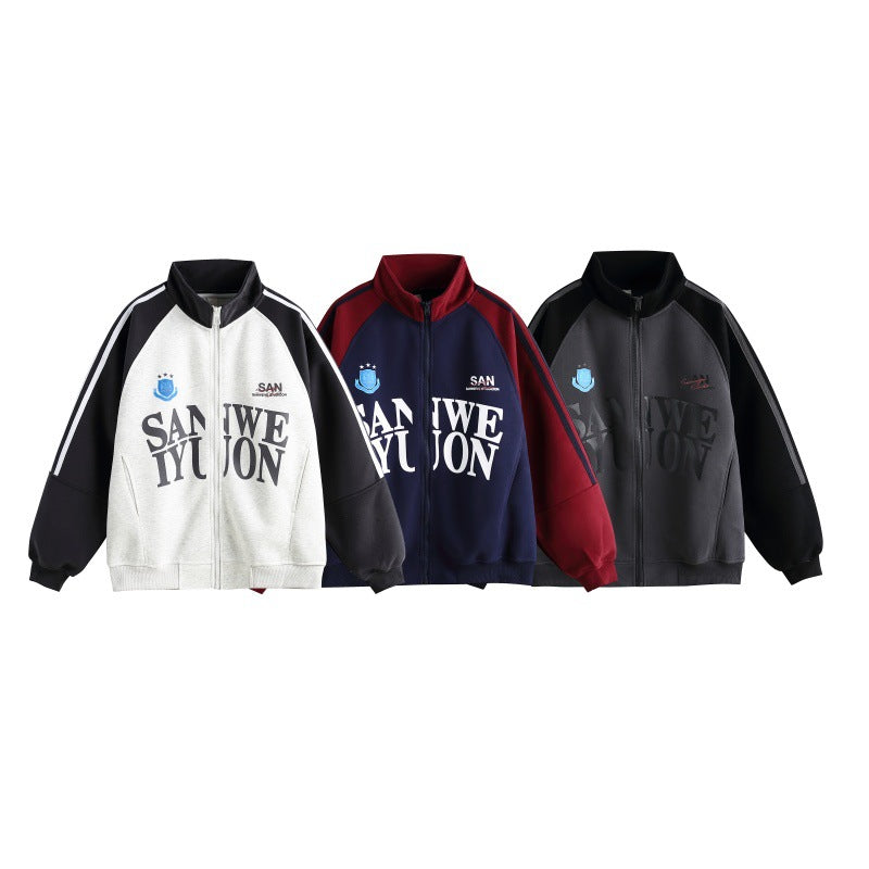 Unisex Oversize College Track Jacket with Stand-up Collar and Raglan Sleeves Chichicherry
