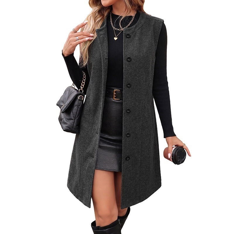 Women's Sleeveless Wool Blend Coat Skirt with Continuous Button Placket and Side Pockets Chichicherry