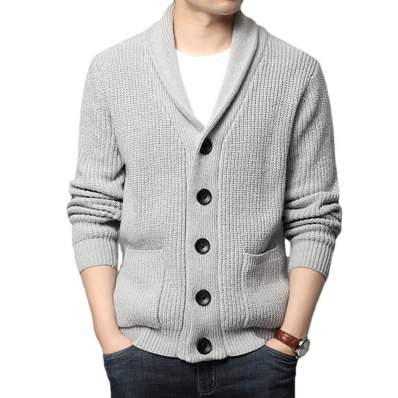 Men's chunky knit cardigan with shawl collar, patch pockets, and button placket Chichicherry