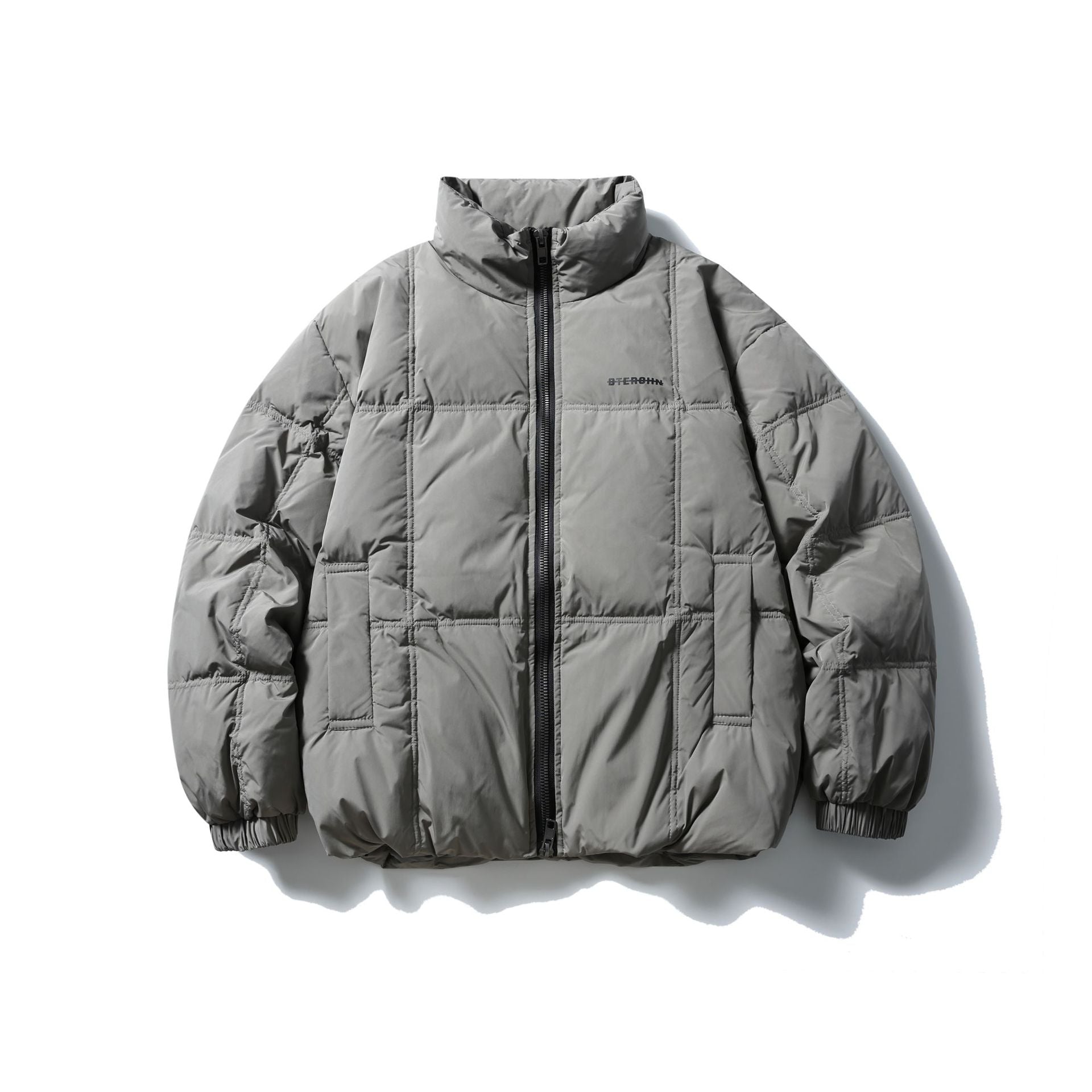 Men's Boxy Quilted Jacket with High Stand-Up Collar, Checked Quilting, and Elastic Hem