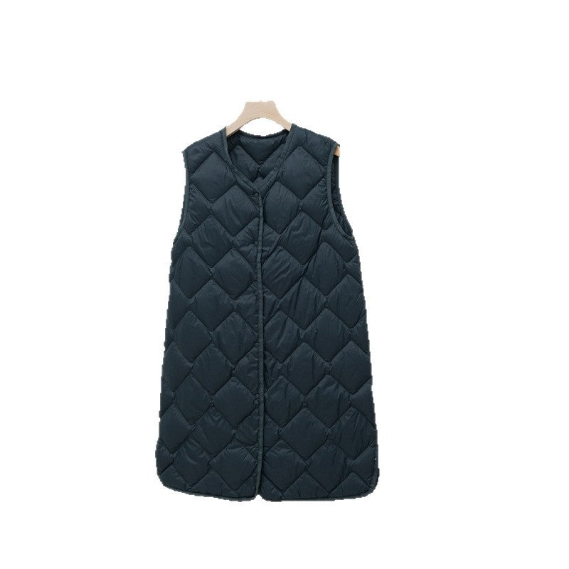 Women's Long Quilted Vest with V-Neck and Diamond Quilting Chichicherry