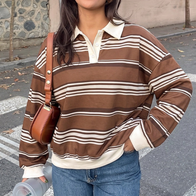 Women Striped Rugby Sweater with Polo Collar and Oversized Fit Chichicherry