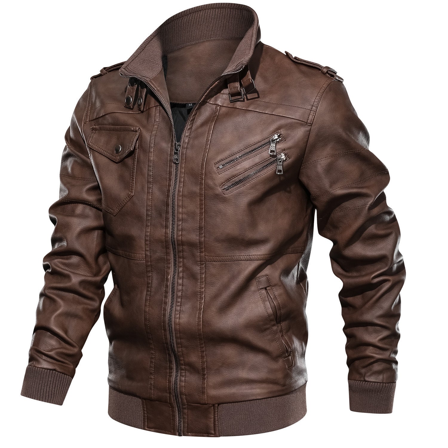 Men's Leather Bomber Jacket in Aviator Style with Stand Collar and Ribbed Cuffs Chichicherry