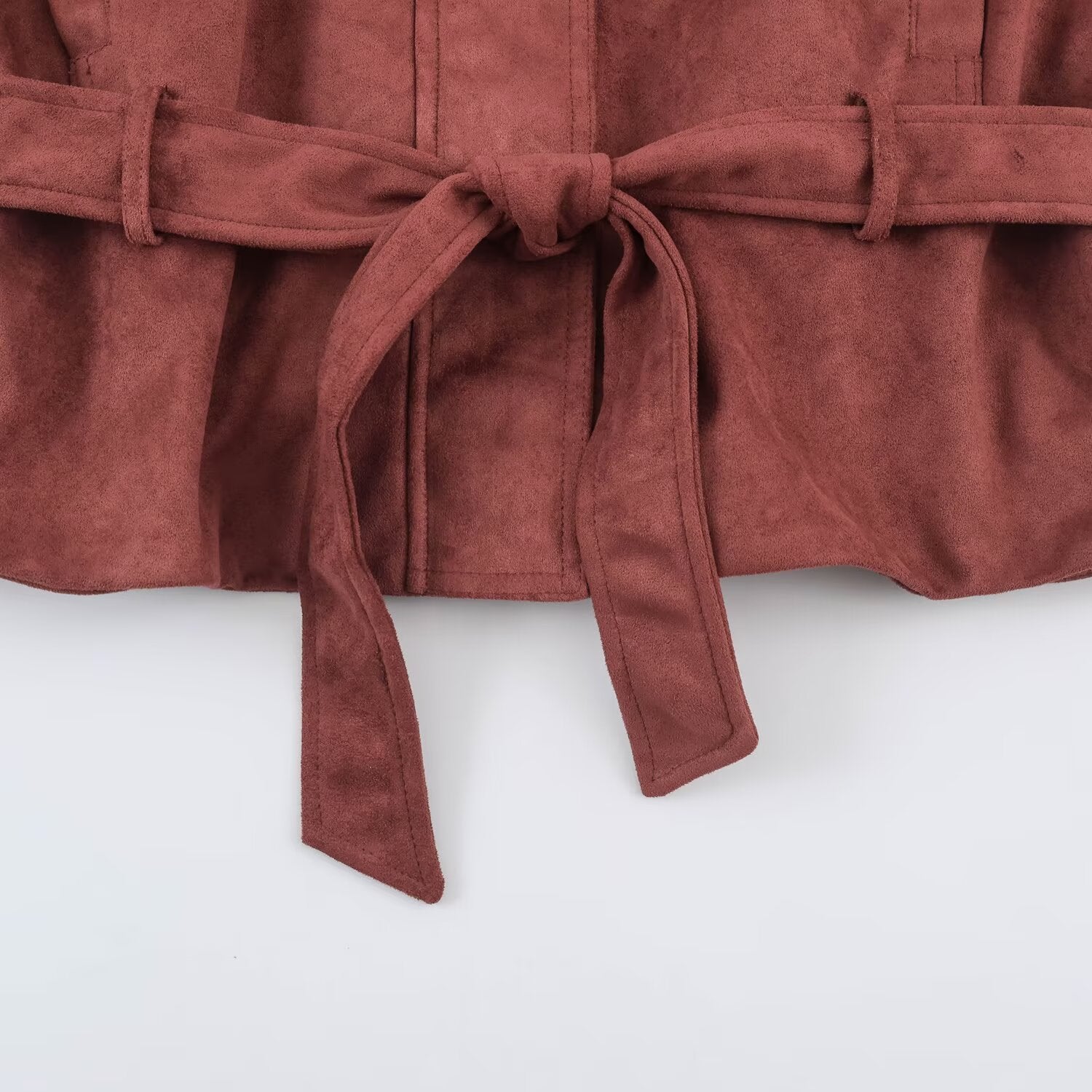 Women's short jacket in velvet look with high funnel collar, concealed closure and waist tie belt Chichicherry