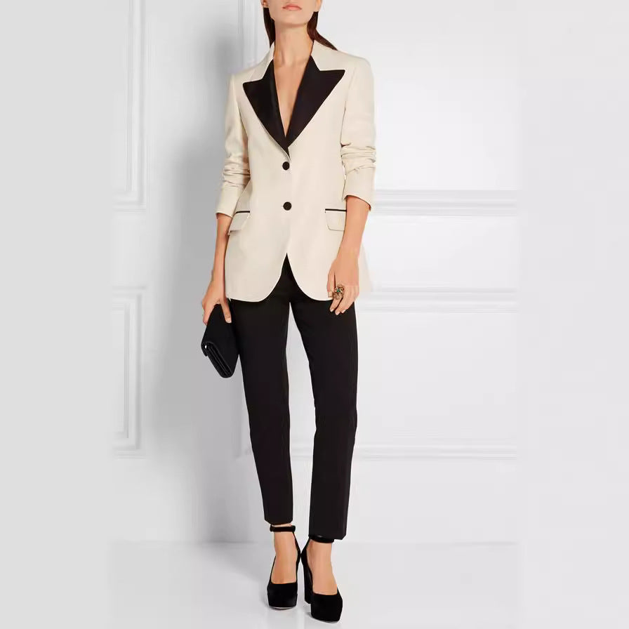 Women’s Tuxedo Jacket in Tailoring with pointed Shawl Collar and contrasted Lapel Trim Chichicherry