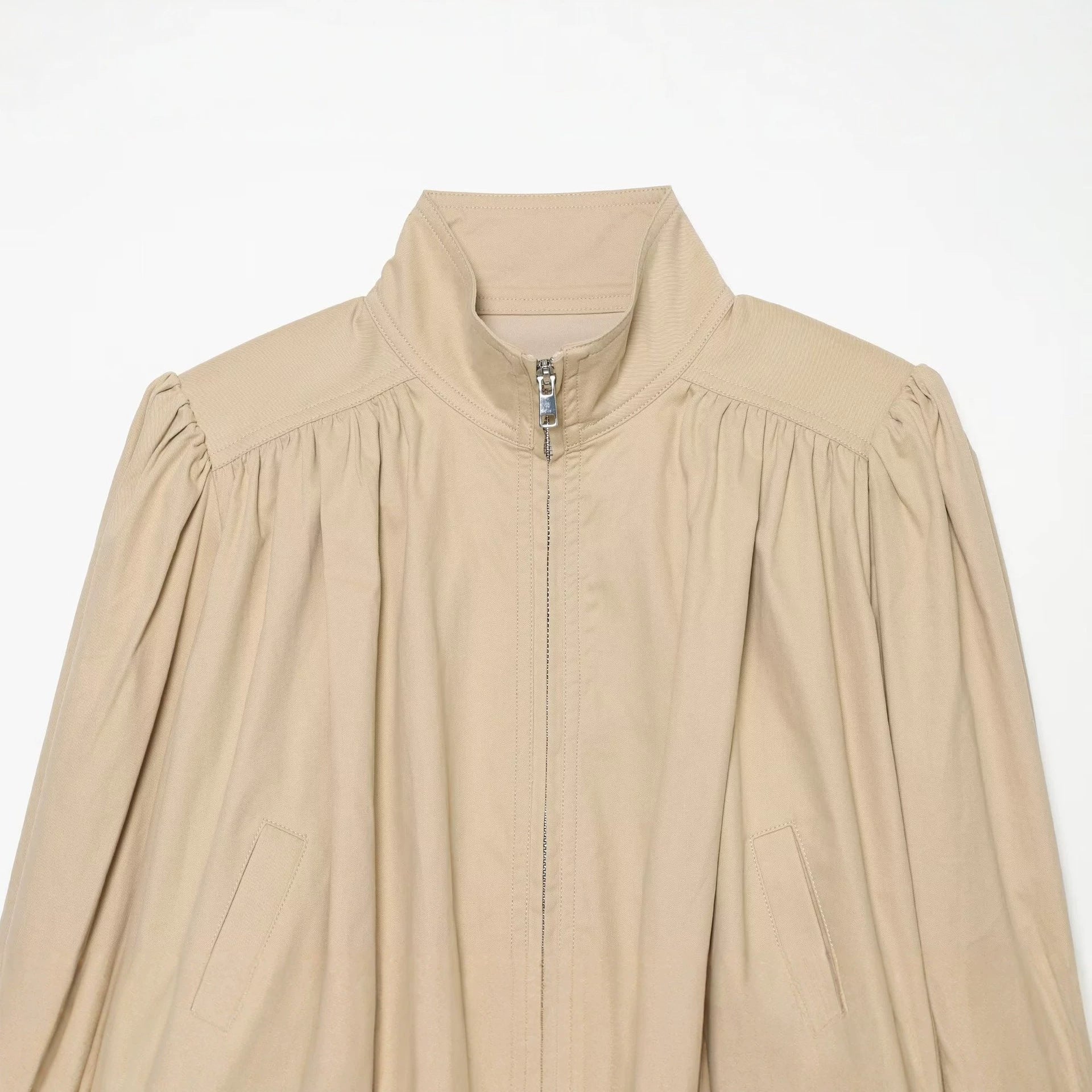 Women’s Lightweight Cropped Jacket with Gathered Shoulders, Stand Collar and Zipper Chichicherry