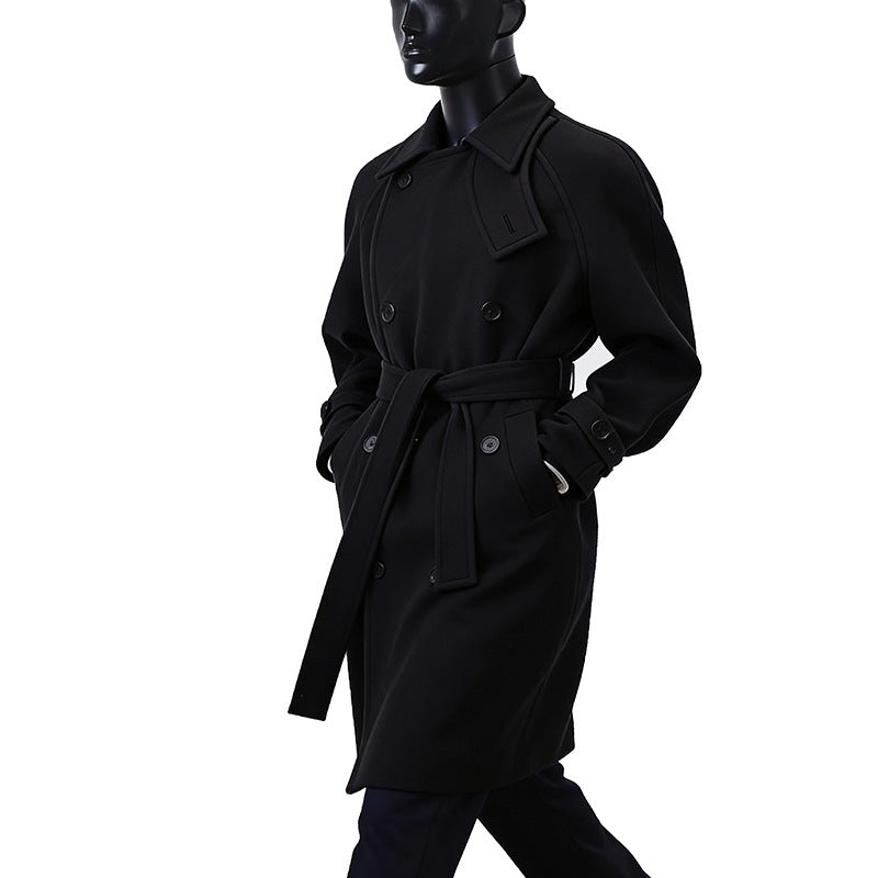 Men's Elegant Coat in Longcoat Style made of Wool Blend with Double-Breasted, Fitted Tie Belt and Decorative Shoulder Yoke Chichicherry