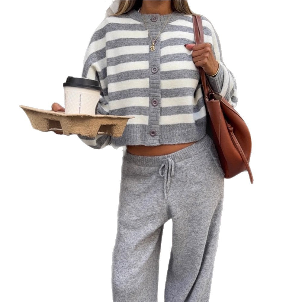 Ladies cropped knit set with striped button jacket, balloon sleeves, and high-waist jogger Chichicherry
