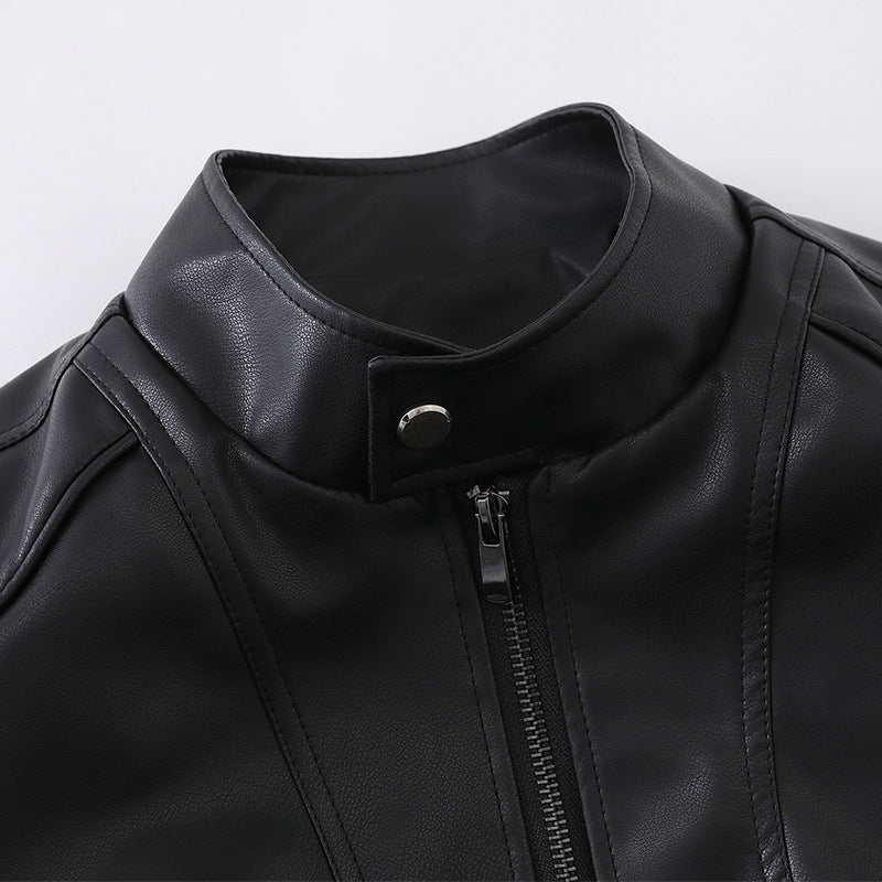 Men's Short Boxy Mock-Leather Jacket with Geometric Seam Design Chichicherry