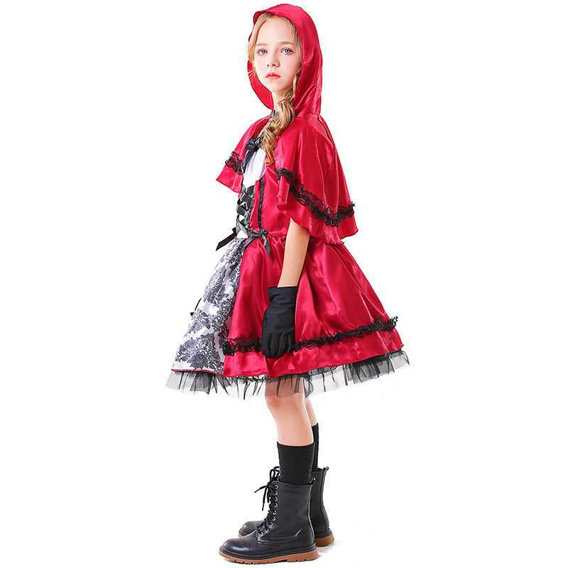Girls Fairy Tale Little Red Riding Hood Costume with Elegant Tulle Skirt and Detail-Loving Cape Chichicherry