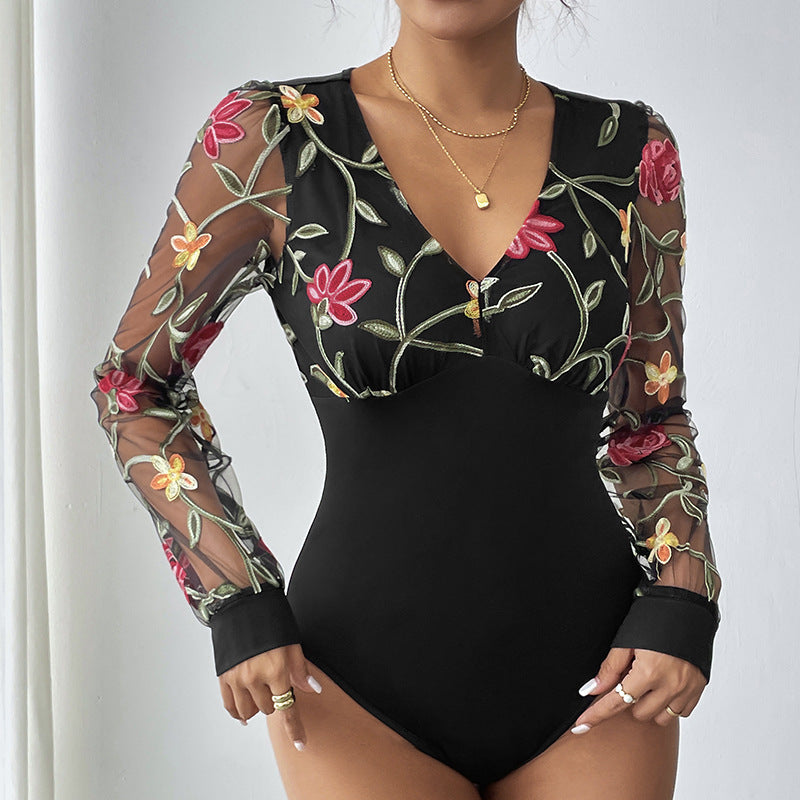 Women's Embroidered Mesh Body with V-Neck and Transparent Floral Sleeves Chichicherry