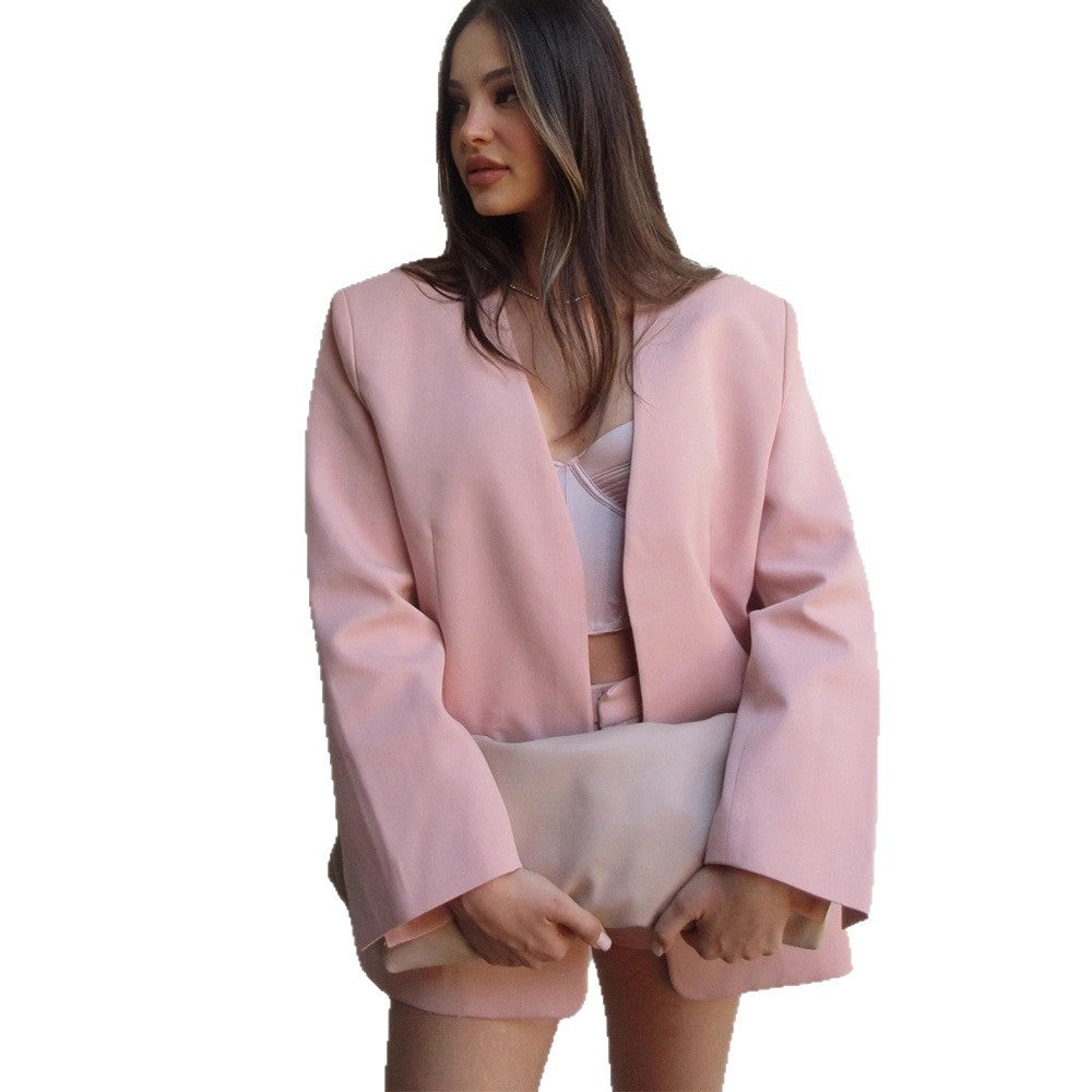 Women Oversized Blazer Set with High-Waist Shorts and Structured Shoulder Part Chichicherry
