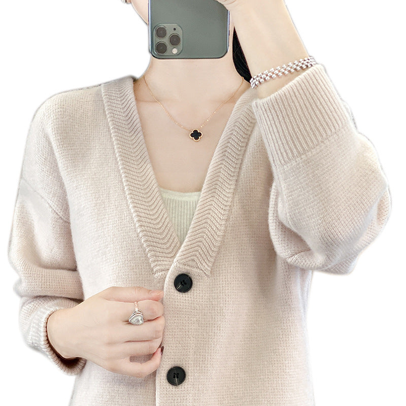 Ladies Soft Boxy Long Cardigan with Deep V-Neck and Fine Ribbed Edge