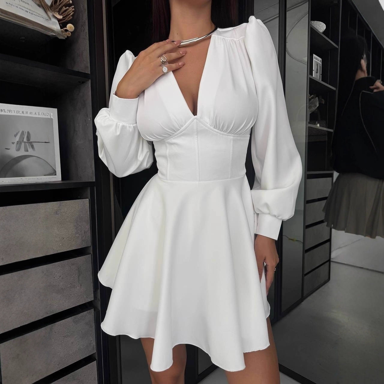 Damen Korsett-Detail Mini-Kleid mit Puffärmeln und ausgestelltem Rock Chichicherry
