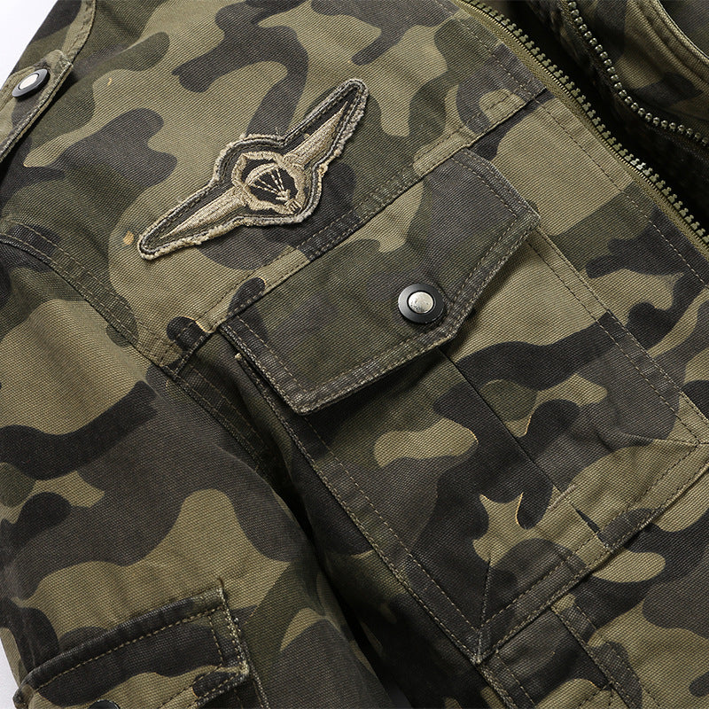 Men's camouflage field jacket made of durable canvas with epaulettes, multiple pockets and stand-up collar Chichicherry