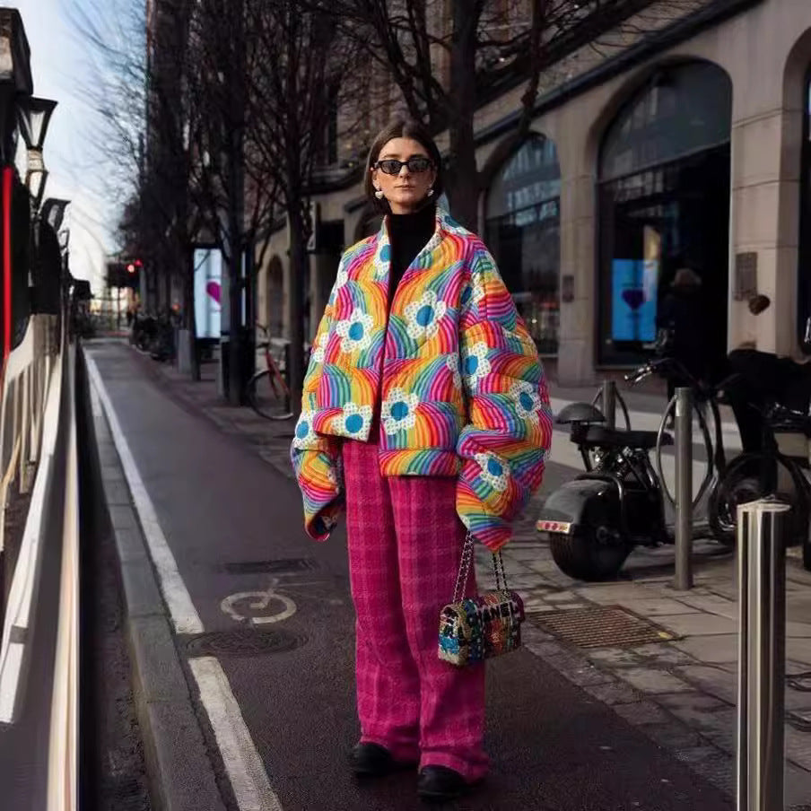 Women Short Oversized Padded Jacket with Colorful Rainbow Stripes and Flower Application Chichicherry