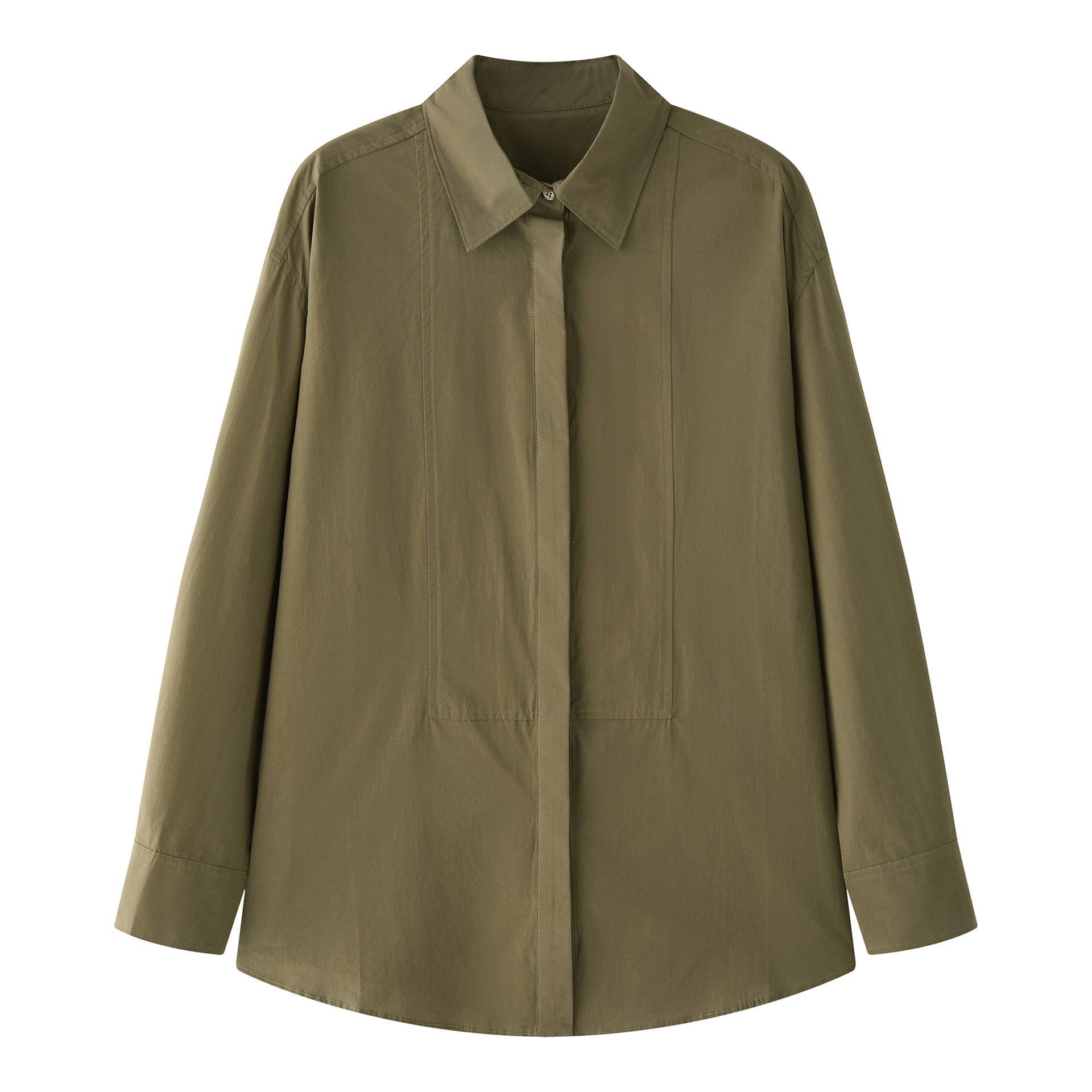 Women's Loose Poplin Shirt with Concealed Button Placket and Extended Back Chichicherry