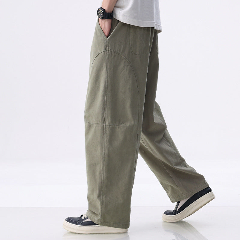 Men's Loose-Fitting Utility Pants with Wide Legs, Distinctive Decorative Stitching, and Elastic Waistband Chichicherry