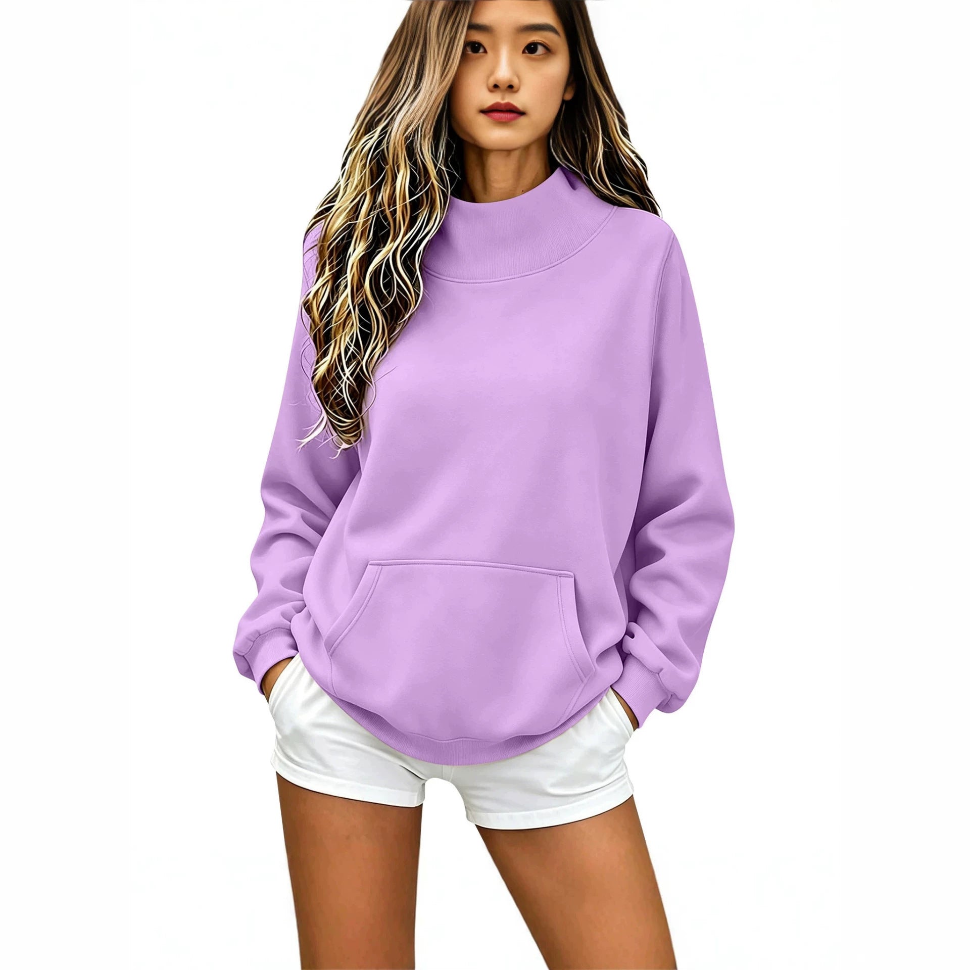 Women Oversize Hoodie with High Roll Neck and Kangaroo Pocket Chichicherry