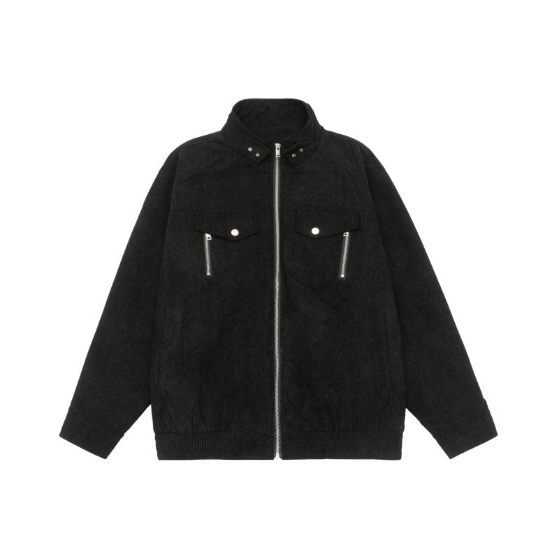 Men's short jacket made of teddy fleece with stand-up collar, patched chest pockets, and full-length zipper Chichicherry