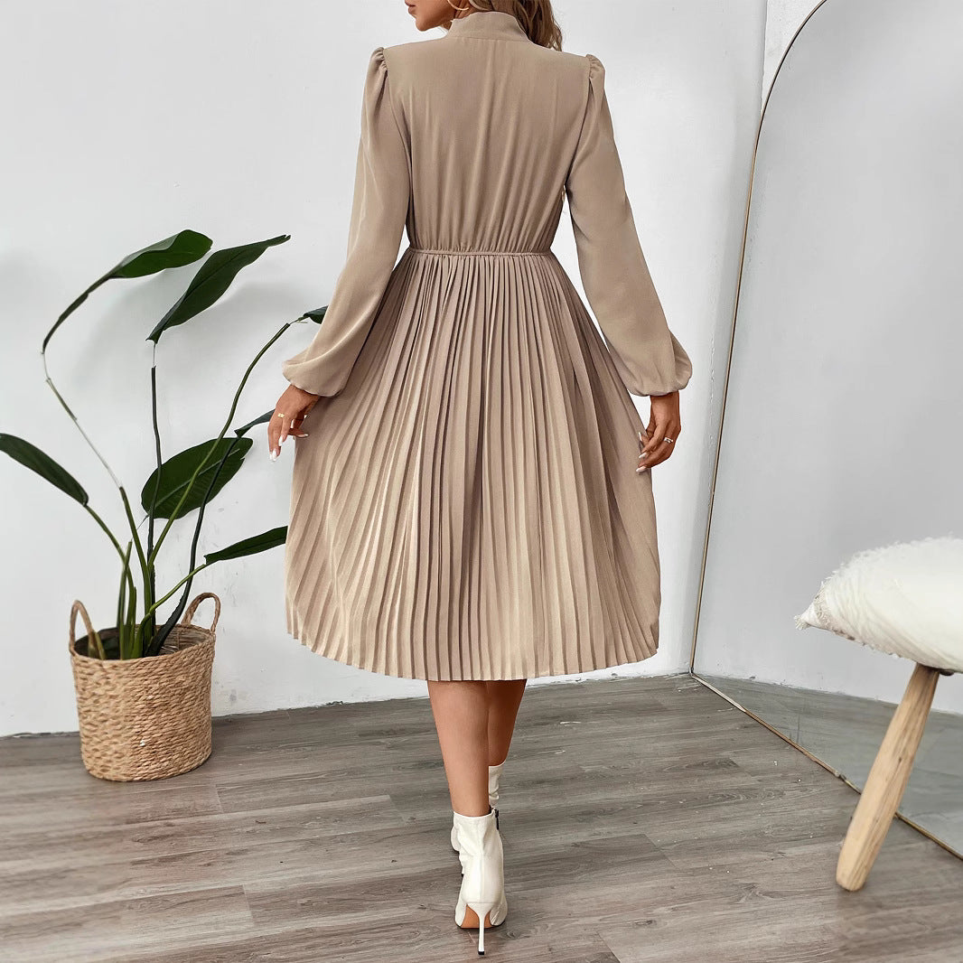 Women Pleated Midi Dress with Tie Collar, Elastic Waistline and Long Balloon Sleeves Chichicherry