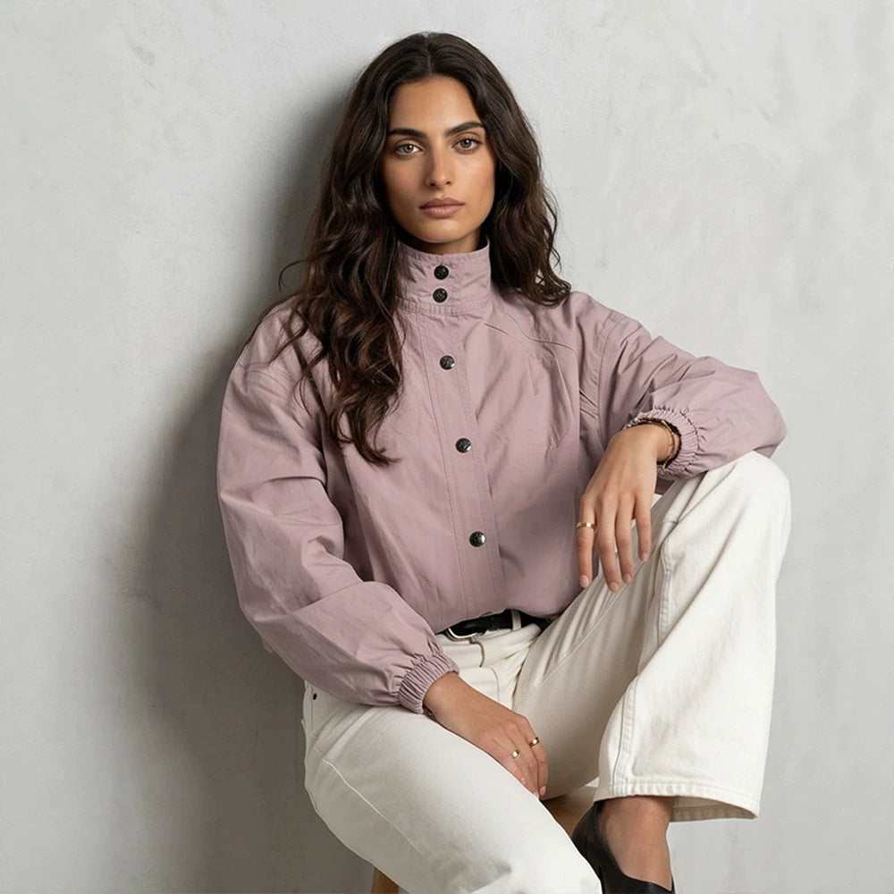 Ladies Short Boxy Bomber Jacket with Stand Collar and Snap Button Closure Chichicherry