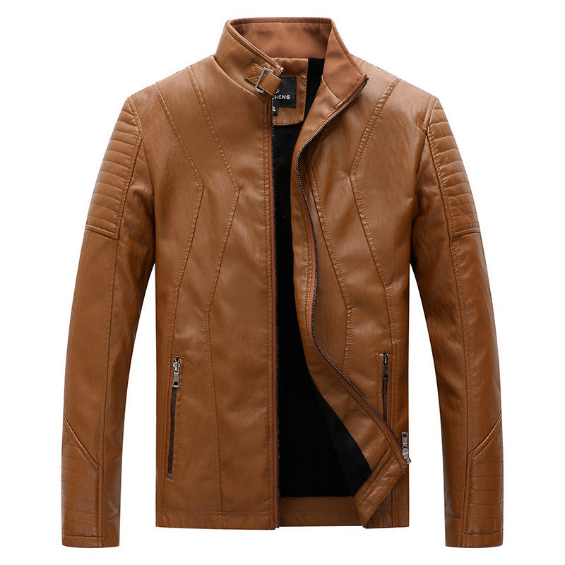 Men's Faux Leather Moto Jacket with Geometric Quilted Seams and Stand-Up Collar Chichicherry