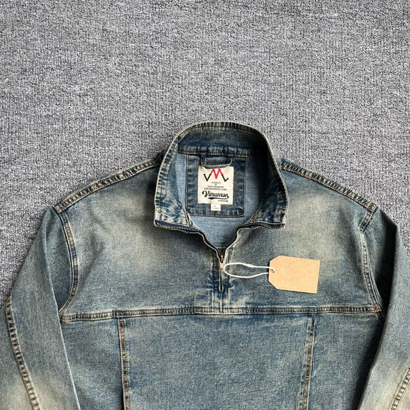 Herren Denim-Pulloverjacke im Vintage-Look mit Halbzip und Stehkragen Chichicherry