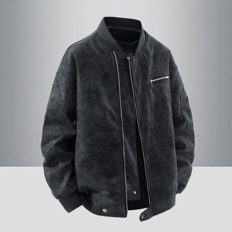 Men's Suede Look Bomber Jacket with Full Zip, Rib Collar and Utility Pockets Chichicherry