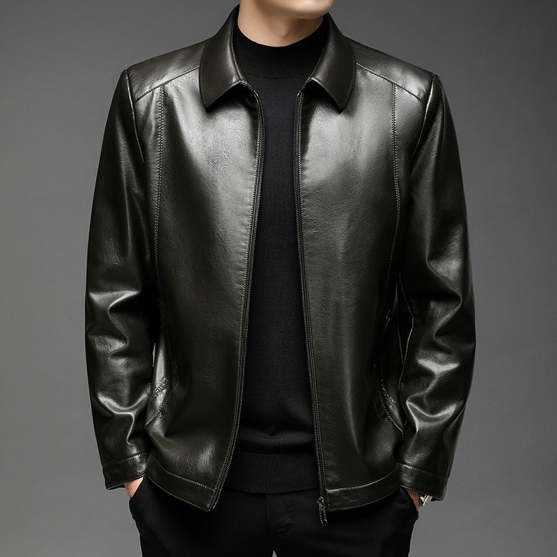 Men's Minimalist Smooth Leather Jacket with Shirt Collar and Tailored Fit Chichicherry