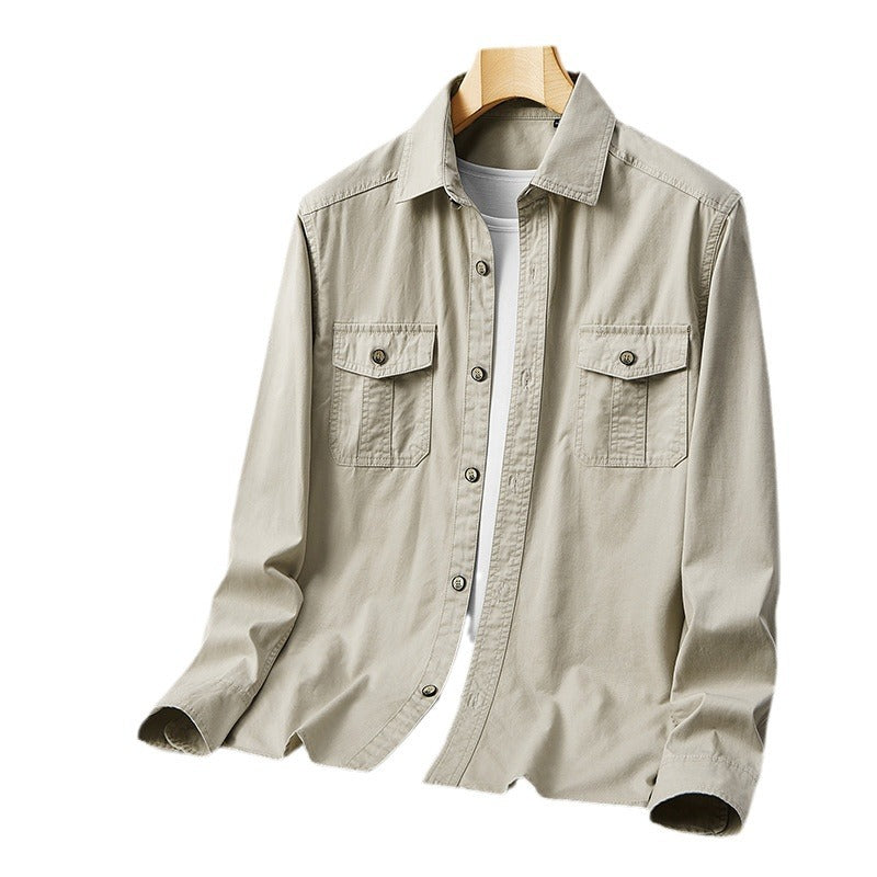 Men's Lightweight Cotton Utility Shirt Jacket with Flap Pockets and Full Button Placket Chichicherry