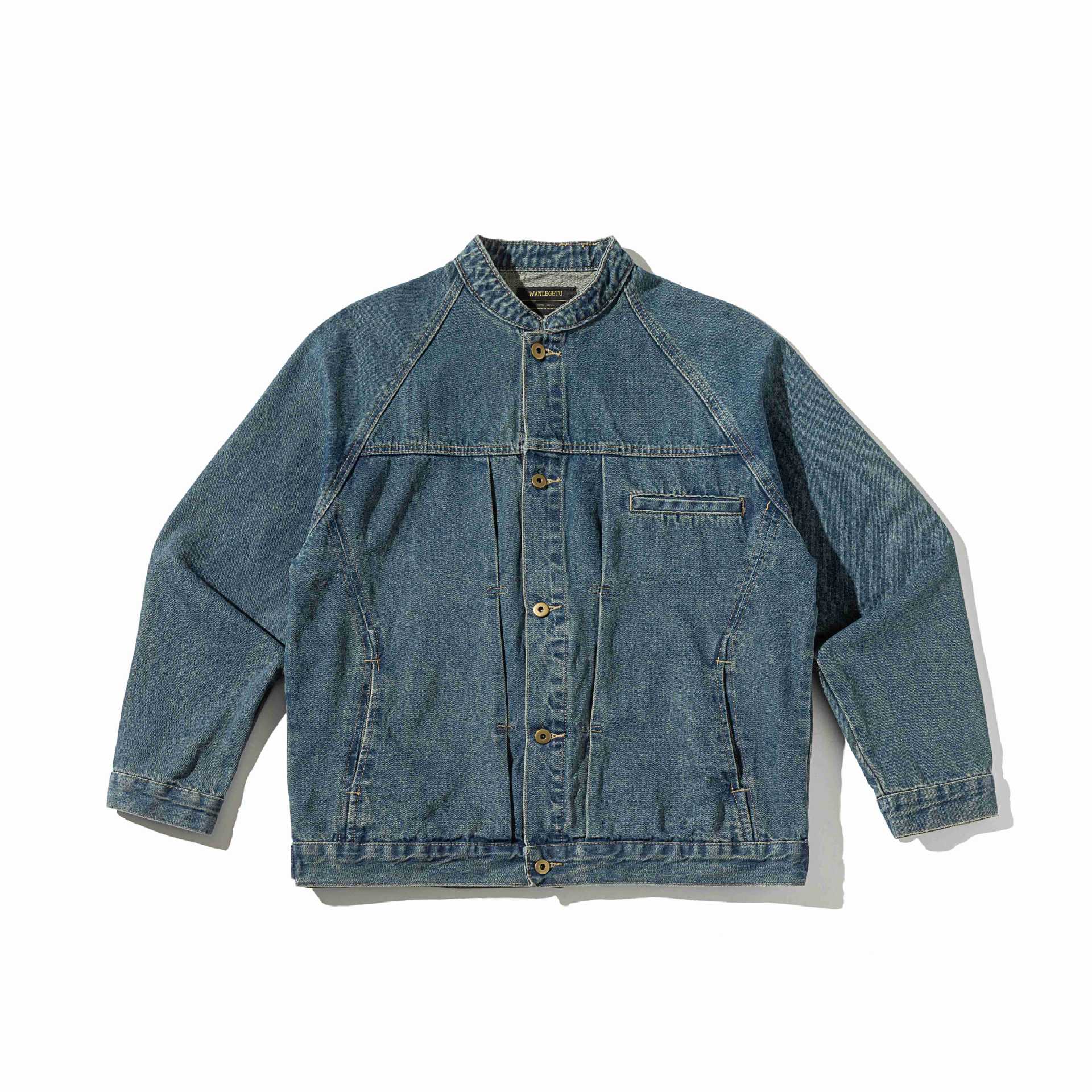 Unisex Boxy Denim Jacket with Stand-up Collar, distinctive seam piping and Button Placket Chichicherry