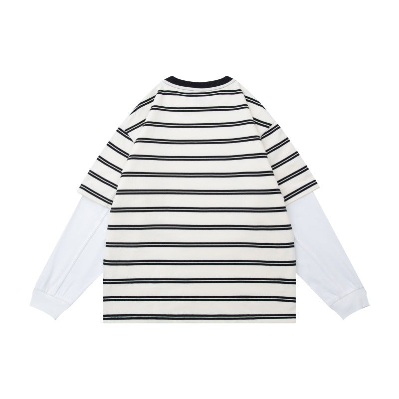 Unisex Layered Look Long Sleeve Shirt with Striped Oversized Top and Inserted Inner Sleeves Chichicherry