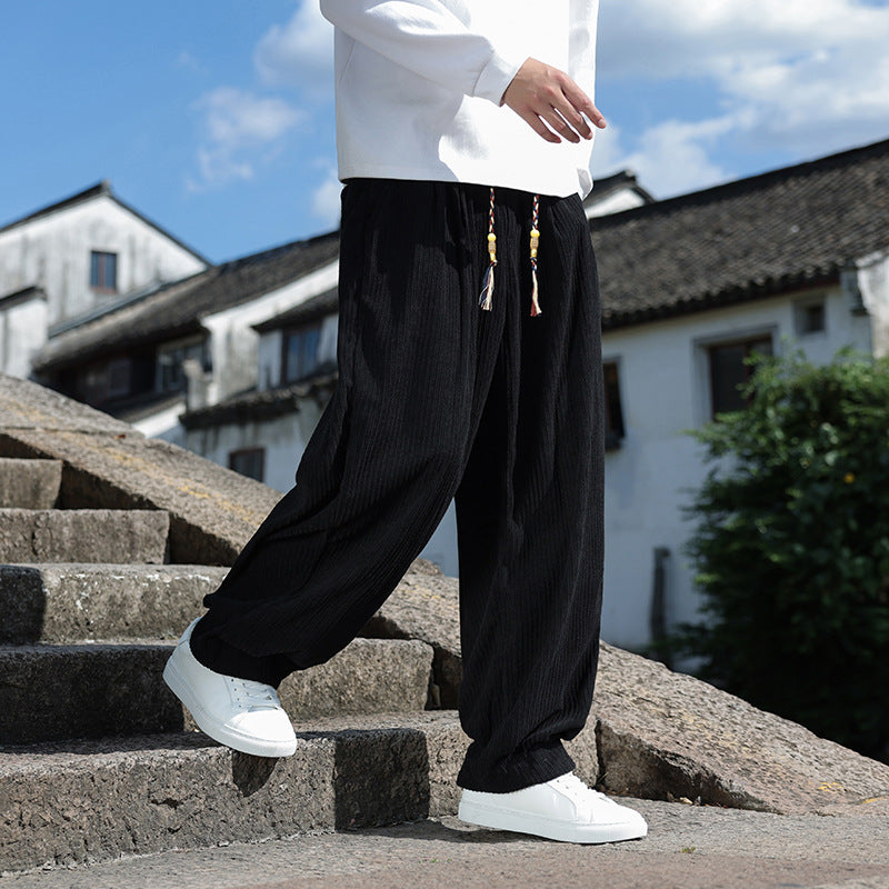 Men's loose-fitting corduroy relax pants with elastic waistband and decorative cord Chichicherry