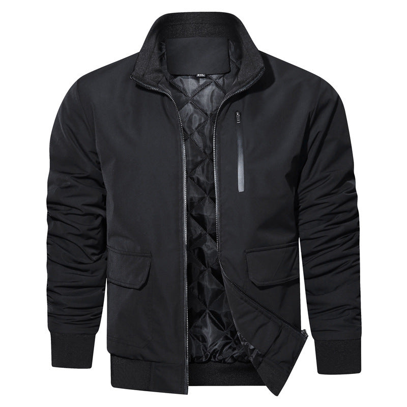 Men's lightweight utility bomber jacket with ribbed hem, zippered chest pocket, and flap pockets.