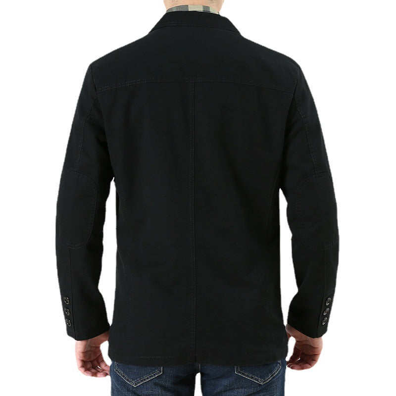 Men's Casual Linen Blazer in Worker Blouson Style with Shirt Collar, Flap Pockets and Striped Lining Chichicherry