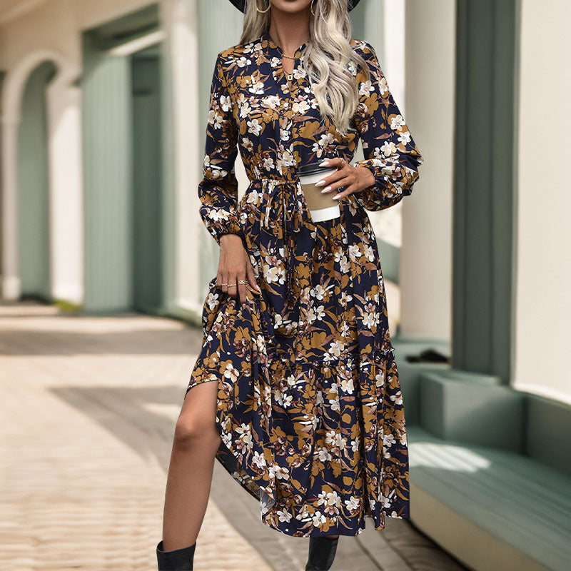 Women Long-Sleeved Midi Dress with Tie Belt, Tiered Hem and Side Slit Chichicherry