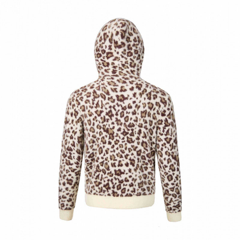 Women's Hooded Fleece Jacket made of Teddy Fabric with Leopard Print and Zipper Chichicherry