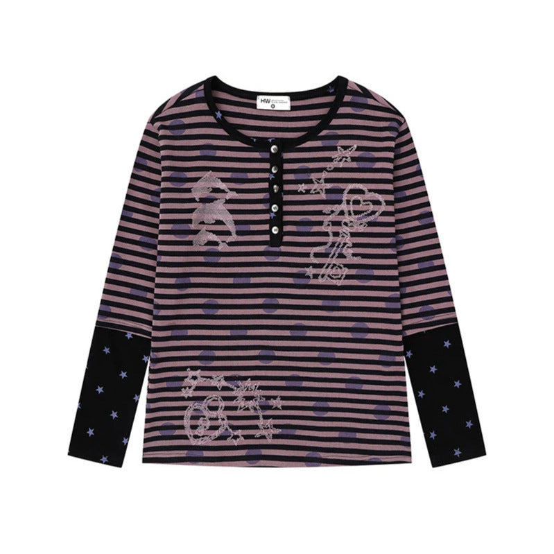 Women Striped Henley Long Sleeve Shirt with Contrast Sleeves, Star Print and Decorative Stone Motifs Chichicherry