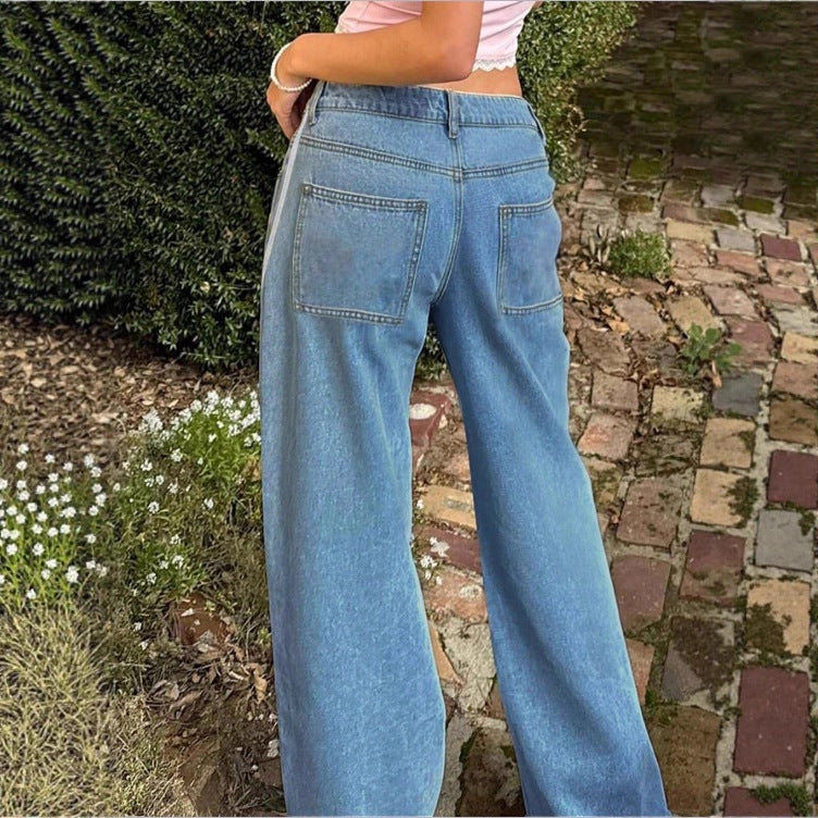 Women's wide High-Waist denim jeans with side contrast stripe Chichicherry