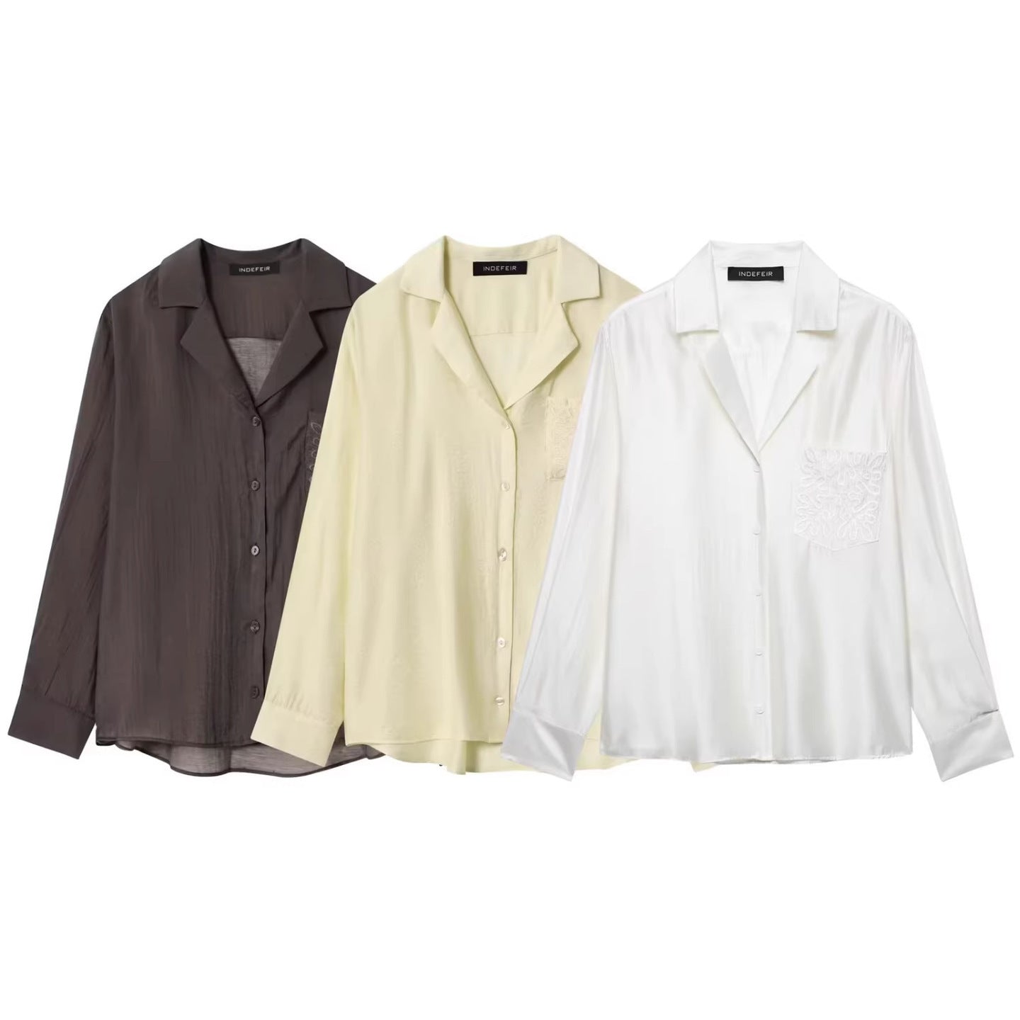 Women's Loose Satin Shirt with Notched Collar and Embroidered Chest Pocket Chichicherry