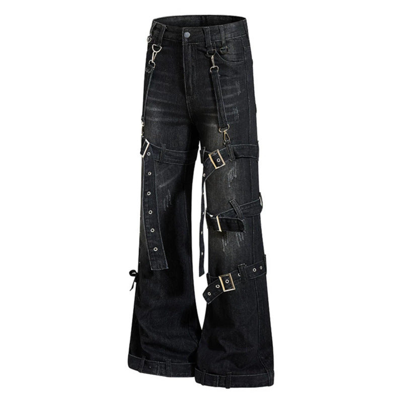 Women's Bondage-Flared-Jeans with decorative buckles, straps and used look Chichicherry